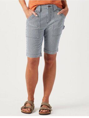 Duluth Trading Co. Rootstock Gardening Shorts blue & white railroad stripe Sz 14